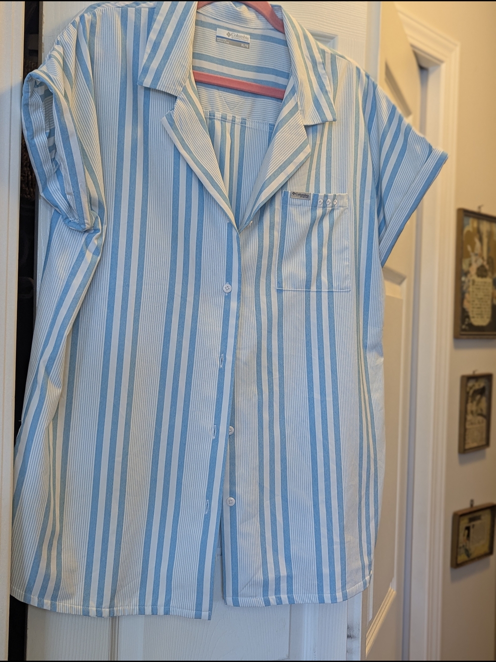 Columbia Light Blue and White Striped Women's Button-Down Shirt